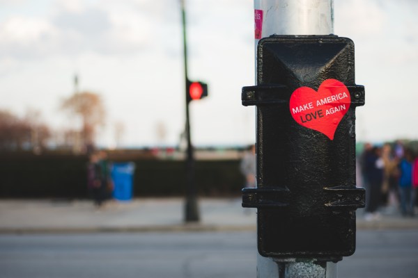 Make America Love Again heart sticker on post